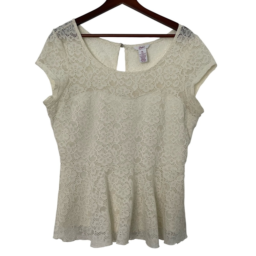 Candie's XL Ivory Floral Lace Peplum Top Romantic Coquette Y2K Cottagecore Twee